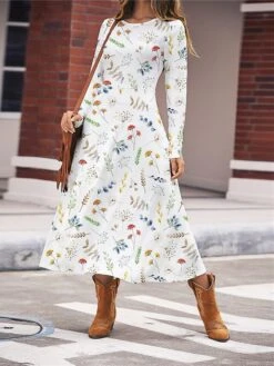 Women's Work Dress Casual Dress Swing Dress Fashion Winter Dress Daily Midi Dress Print Crew Neck Long Sleeve Floral Regular Fit White Red Blue Fall Winter S M L XL XXL -Tesla Style gjawoc1696645466624