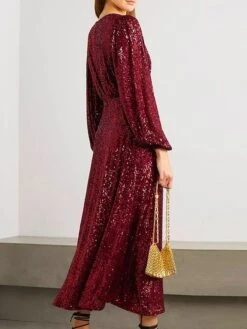 Women's Prom Dress Party Dress Sequin Dress Midi Dress Wine Long Sleeve Pure Color Ruched Fall Winter Autumn V Neck Fashion Evening Party Vacation Slim 2023 S M L XL -Tesla Style gjfluz1695030105223