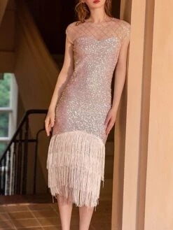 Women‘s Party Dress Fringe Dress Sequin Dress Black Dress Midi Dress White Champagne Short Sleeve Pure Color Sparkly Glitter Sequins Spring Fall Winter Crew Neck Fashion Wedding Guest Birthday -Tesla Style gjkbab1692178316335