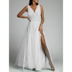 Women‘s Prom Party Dress Wedding Guest Sheath Dress Swing Dress Long Dress Maxi Dress Pink Purple Sleeveless Pure Color Mesh Winter Fall Spring V Neck Fashion Evening Party Slim 2023 S M L XL -Tesla Style gjowyc1678771685101