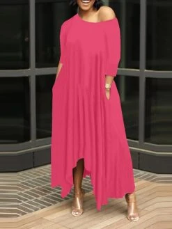 Women's Work Dress Black Dress White Dress Fashion Long Dress Maxi Dress Ruched Pocket One Shoulder 3/4 Length Sleeve Plain Regular Fit Black White Pink Fall S M L XL XXL -Tesla Style gjqulv1693203376080