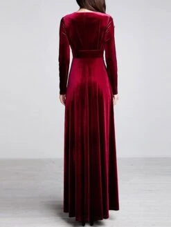 Women‘s Party Dress Wedding Guest Dress Velvet Dress Long Dress Maxi Dress Black Wine Royal Blue Long Sleeve Pure Color Ruched Fall Spring V Neck Fashion Party Winter Dress Evening Party 2023 S M L XL -Tesla Style gjrxyv1664516295444