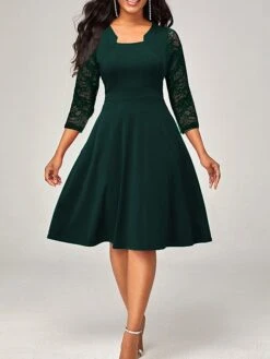 Women's Work Dress Party Dress Swing Dress Fashion Lace Sleeve Midi Dress Lace Square Neck 3/4 Length Sleeve Plain Slim Black Wine Red Summer Spring S M L XL XXL -Tesla Style gjxxtf1679467852938