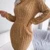 Women's Sweater Dress Jumper Dress Casual Dress Mini Dress Fashion Pure Color Outdoor Daily Vacation Going Out V Neck Long Sleeve Patchwork 2023 Regular Fit White Blue Khaki S M L