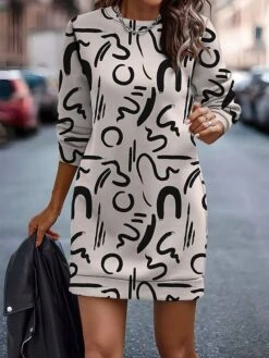 Women's Casual Dress Sweatshirt Dress Mini Dress Warm Fashion Outdoor Vacation Going Out Crew Neck Print Print Loose Fit Navy Blue Blue Brown S M L XL XXL -Tesla Style gkecxb1696764371889