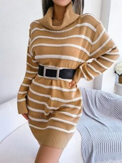 Women's Sweater Dress Jumper Dress Casual Dress Mini Dress Fashion Stripe Outdoor Daily Going Out Turtleneck Long Sleeve 2023 Loose Fit Black Khaki S M L -Tesla Style gkions1694756407506