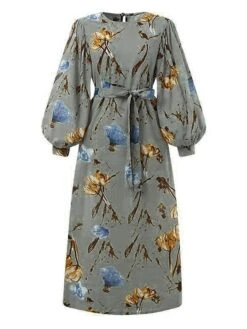 Women's Work Dress Sheath Dress Semi Formal Dress Fashion Long Dress Maxi Dress Print Crew Neck Long Sleeve Floral Loose Fit Army Green Apricot Fall Winter S M L XL XXL -Tesla Style gkjnex1693374193162