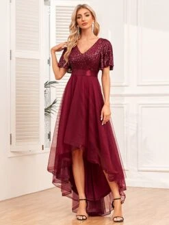 Women‘s Christmas Party Dress Sequin Dress Red Dress Long Dress Maxi Dress Wine Short Sleeve Pure Color Mesh Sparkly Glitter Summer Spring Fall V Neck Fashion Wedding Guest Summer Dress Loose -Tesla Style gkncob1693983264935