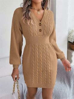 Women's Sweater Dress Winter Dress Jumper Dress Mini Dress Active Pure Color Outdoor Casual Holiday Vacation V Neck Long Sleeve Button 2023 Regular Fit White Pink Green S M L -Tesla Style gkwvps1696926536303