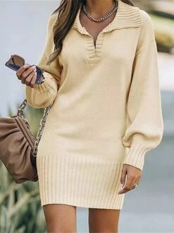 Women's Sweater Dress Jumper Dress Casual Dress Mini Dress Warm Pure Color Outdoor Casual Daily Going Out V Neck Long Sleeve 2023 Loose Fit Black Yellow Wine S M L XL XXL 3XL -Tesla Style glogkg1692340288614