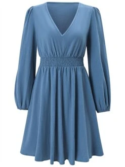 Women's Work Dress Black Dress Semi Formal Dress Fashion Mini Dress Ruched V Neck Long Sleeve Plain Regular Fit Black Red Blue Fall Winter S M L XL -Tesla Style gmbzym1693300574484