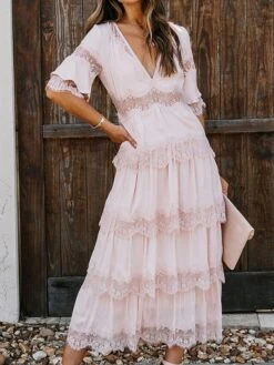 Women's Party Dress Lace Dress White Dress Midi Dress Black Pink White Half Sleeve Pure Color Lace Spring Summer V Neck S M L XL XXL -Tesla Style gmcflf1630555190894