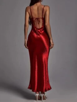 Women‘s Christmas Prom Dress Party Dress Satin Dress Long Dress Maxi Dress Red Gold Sleeveless Pure Color Backless Spring Fall Winter Spaghetti Strap Fashion Birthday Evening Party Wedding Guest -Tesla Style gmivht1692173957505
