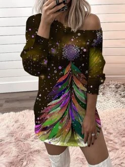 Women‘s Christmas Casual Dress Sweatshirt Dress Mini Dress Warm Fashion Outdoor Holiday Crew Neck Print Tree Loose Fit Black Blue Gold S M L XL XXL -Tesla Style gmotir1694157649567