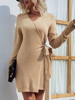 Women's Sweater Dress Jumper Dress Casual Dress Mini Dress Fashion Pure Color Outdoor Daily Vacation Going Out V Neck Long Sleeve Lace Up Patchwork 2023 Regular Fit Pink Khaki Dark Gray S M L XL -Tesla Style gmvdzm1693994035111