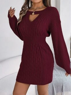 Women's Sweater Dress Winter Dress Jumper Dress Mini Dress Active Pure Color Outdoor Casual Holiday Vacation Crew Neck Long Sleeve Cut Out 2023 Loose Fit Wine Khaki Gray S M L -Tesla Style gngebi1697526791881