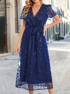 Women's Party Dress Sequin Dress Cocktail Dress Midi Dress White Champagne Red Short Sleeve Pure Color Lace Up Summer Spring V Neck Fashion Wedding Guest Vacation Summer Dress 2023 S M L XL 2XL