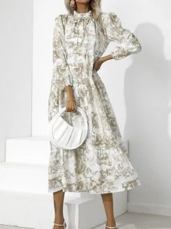 Women's Work Dress Swing Dress Semi Formal Dress Fashion Midi Dress Print Stand Collar Long Sleeve Floral Loose Fit Red Blue Green Fall S M L XL XXL -Tesla Style gnozqu1693300592734