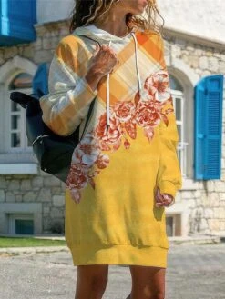 Women's Casual Dress Hoodie Dress Winter Dress Floral Plaid Print Hooded Mini Dress Fashion Streetwear Outdoor Daily Long Sleeve Loose Fit Black Yellow Pink Fall Winter S M L XL XXL -Tesla Style gocbri1692958587823