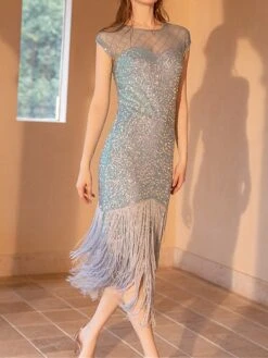 Women‘s Party Dress Fringe Dress Sequin Dress Black Dress Midi Dress White Champagne Short Sleeve Pure Color Sparkly Glitter Sequins Spring Fall Winter Crew Neck Fashion Wedding Guest Birthday -Tesla Style gofyex1692178320235