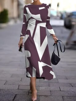Women's Work Dress Casual Dress Semi Formal Dress Fashion Winter Dress Daily Midi Dress Print Crew Neck Long Sleeve Geometric Color Block Slim Navy Blue Purple Brown Fall Winter S M L XL XXL -Tesla Style gogtfq1694157006862