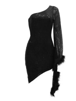 Women's Party Dress Sequin Dress Feather Dress Mini Dress Black Green Long Sleeve Pure Color Sequins Fall Winter Autumn One Shoulder Fashion 2023 S M L XL XXL -Tesla Style gozhcf1697451968472