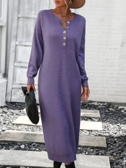 Women's Sweater Dress Winter Dress Jumper Dress Midi Dress Button Daily Date Going Out Fashion Basic Crew Neck Long Sleeve 2023 Loose Fit Black White Purple Color S M L XL Size -Tesla Style gpbnob1691991560688