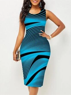 Women's Work Dress Sheath Dress Semi Formal Dress Elegant Midi Dress Print Crew Neck Sleeveless Rainbow Slim White Yellow Blue Summer Spring S M L XL XXL -Tesla Style gpjcou1677122607664