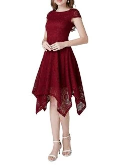 Women's Party Dress Lace Dress Cocktail Dress Midi Dress Black Pink Wine Short Sleeve Pure Color Lace Spring Fall Winter V Neck Fashion Winter Dress Wedding Guest Vacation 2023 S M L XL XXL -Tesla Style gpklez1692180420556