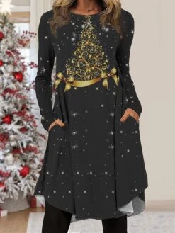 Women's Work Dress Casual Dress Fashion Winter Dress Christmas Daily Midi Dress Pocket Print Crew Neck Long Sleeve Snowman Christmas Tree Regular Fit Black Blue Gray Fall Winter S M L XL XXL -Tesla Style gpwygd1695887829329