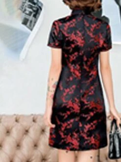 Women‘s Wedding Guest Dress Party Dress Bodycon Sheath Dress Cheongsam Dress Mini Dress Black Pink Red Short Sleeve Floral Split Spring Summer Stand Collar Elegant Weekend Spring Dress 2023 -Tesla Style gqdmir1641293132058