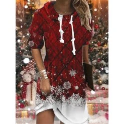 Women's Christmas Hoodie Dress Shift Dress Mini Dress Black And White Green Black Blue Pink Wine Red Gray White Long Sleeve Snowman Snowflake Print Winter Fall Hooded Vacation Casual 2022 S M L XL -Tesla Style gqrjns1667282201514