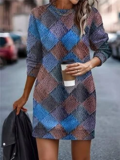 Women's Casual Dress Sweatshirt Dress Mini Dress Warm Fashion Outdoor Vacation Going Out Crew Neck Print Geometric Regular Fit Pink Blue S M L XL XXL -Tesla Style gqvmon1697107811239