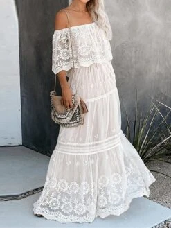 Women's Long Dress Maxi Dress Party Dress Lace Dress Swing Dress Floral Fashion Elegant Dress Daily Vacation Going Out Lace Mesh Half Sleeve Off Shoulder Dress Slim White Summer Spring S M L XL
