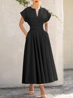 Women's Prom Dress Party Dress Wedding Guest Dress Long Dress Maxi Dress Black Green Short Sleeve Pure Color Ruched Summer Spring Split Neck Fashion Evening Party Wedding Guest Vacation Loose Fit 2023 -Tesla Style grfswo1681954833304