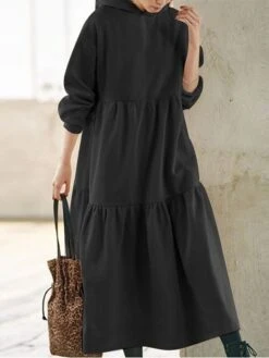 Women's Casual Dress Hoodie Dress Long Dress Maxi Dress Daily Casual Outdoor Vacation Going Out Hoodie Pure Color Regular Fit Black Fuchsia Apricot S M L XL XXL -Tesla Style grkjmy1695027786788
