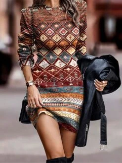 Women's Sweater Dress Winter Dress Jumper Dress Mini Dress Vintage Geometric Tribal Outdoor Daily Date Going Out Crew Neck Long Sleeve Print 2023 Regular Fit Blue Orange Green S M L XL XXL 3XL