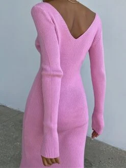 Women's Sweater Dress Jumper Dress Casual Dress Midi Dress Fashion Pure Color Outdoor Vacation Going Out V Neck Long Sleeve 2023 Regular Fit Black Pink Blue S M L -Tesla Style grnhbr1697538592436