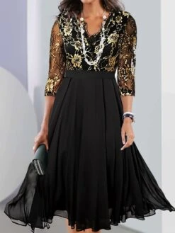 Women's Party Dress Lace Dress Cocktail Dress Midi Dress Black 3/4 Length Sleeve Pure Color Lace Spring Fall Winter V Neck Fashion Wedding Guest Vacation 2023 S M L XL XXL 3XL -Tesla Style grtzhp1694759192773