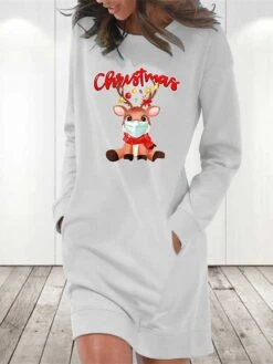 Women's Christmas Hoodie Dress Winter Dress Light Blue Grey White Long Sleeve Letter Elk Pocket Print Winter Fall Crew Neck Stylish Casual Fall Dress Loose Fit 2022 S M L XL 2XL / Cotton -Tesla Style gsfcao1666175696733