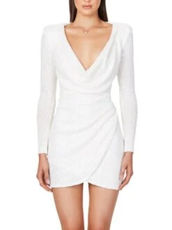 Women‘s Party Dress Sequin Dress Homecoming Dress Black Dress Mini Dress White Champagne Long Sleeve Pure Color Sparkly Glitter Sequins Fall Autumn V Neck Fashion Wedding Guest Vacation -Tesla Style gsfzvm1693297185572