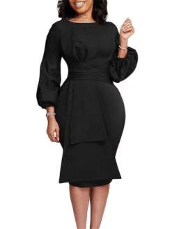 Women's Party Dress Work Dress Sheath Dress Midi Dress Black White Red Long Sleeve Pure Color Ruffle Spring Fall Winter Crew Neck Fashion 2023 S M L XL 2XL 3XL -Tesla Style gsiawy1671604452125