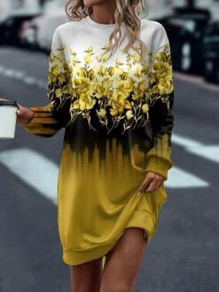 Women's Sweatshirt Dress Casual Dress Mini Dress Warm Fashion Outdoor Christmas Vacation Crew Neck Print Floral Regular Fit Yellow Blue Purple S M L XL XXL -Tesla Style gsovol1697537767555