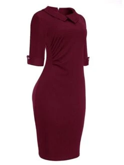 Women's Work Dress Party Dress Sheath Dress Fashion Midi Dress Button Lapel Half Sleeve Plain Slim Black Wine Navy Blue Summer Spring S M L XL XXL -Tesla Style gspthg1672999716359