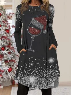 Women's Christmas Work Dress Casual Dress Fashion Winter DressDaily Midi Dress Pocket Print Crew Neck Long Sleeve Snowman Hat Regular Fit Black White Gray Fall Winter S M L XL XXL