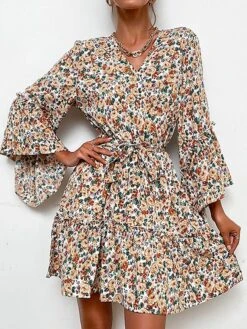 Women's Work Dress Casual Dress Sheath Dress Fashion Winter Dress Office Daily Mini Dress Lace Up Print V Neck Long Sleeve Floral Loose Fit Apricot Fall Winter S M L XL -Tesla Style gtanxm1695030985091