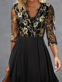 Women's Party Dress Lace Dress Cocktail Dress Midi Dress Black 3/4 Length Sleeve Pure Color Lace Spring Fall Winter V Neck Fashion Wedding Guest Vacation 2023 S M L XL XXL 3XL -Tesla Style gttemn1694757932081