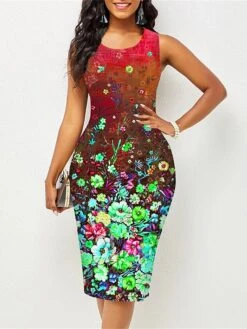 Women's Work Dress Sheath Dress Semi Formal Dress Fashion Midi Dress Print Crew Neck Sleeveless Floral Slim Pink Red Blue Summer Spring S M L XL XXL -Tesla Style gtxddi1677122661423