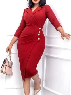 Women's Work Dress Blazer Dress Sheath Dress Fashion Winter Dress Office Daily Midi Dress Ruched Button Shirt Collar Long Sleeve Plain Regular Fit Black Red Green Fall Winter S M L XL XXL -Tesla Style gtyjis1695267069326