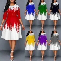 Women's Christmas Work Dress Swing DressKnee Length Dress Green Blue Purple Yellow Red Black 3/4 Length Sleeve Santa Claus Tree Snowflake Print Fall Winter Crew Neck Elegant Modern 2022 S